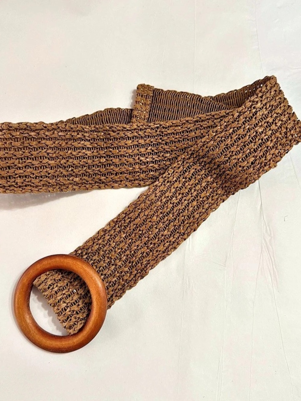 Vintage Woven Brown Wooden Ring Buckle Belt